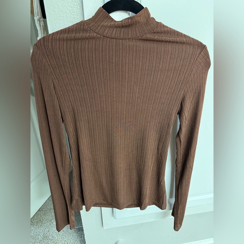 Kittenish Brown Ribbed Long Sleeve Mock Neck Top
